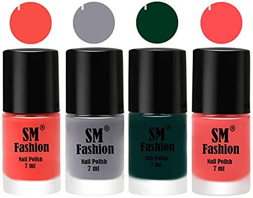 Image of Nail Polish Combo Set (Pack of 4) Quick Dry Gel Finish Nail Paint | Coral,Gray,Dark Green,Peach Pink | 7 ml Each