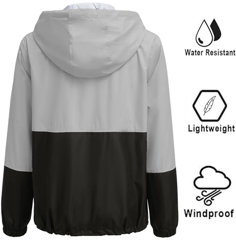 SoTeer Womens Rain Jacket Waterproof Rain Coats Hooded Raincoat Lightweight Packable Windbreaker Jacket,Upgraded Black/Gray/L