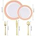 Nervure 25 Guest Pink Plastic Plates with Gold Rim - Disposable Gold Plastic Plates Include 25 Dinner Plates, 25 Dessert Plates, 25 Forks, 25 Knives, 25 Spoons&10oz Cups for Wedding&Party