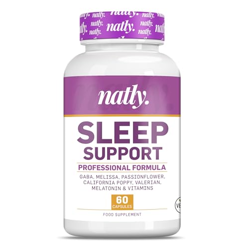 NATLY SLEEP SUPPORT | 60 Cápsulas Veganas | Complemento Alimenticio con GABA, Valeriana, Melisa, Pasiflora, Amapola de California, Melatonina, Vitamina B6 y B12 | Ayuda a conciliar el sueño