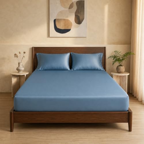 Image of HOMEMONDE 100% Bamboo King Size Fitted Bedsheet with 2 Pillow Covers | 300 TC Luxury Cooling Elastic Fitted Sheet | Ultra Soft, Breathable & Moisture Wicking | (Bahamas Blue, 78x72 Inches)