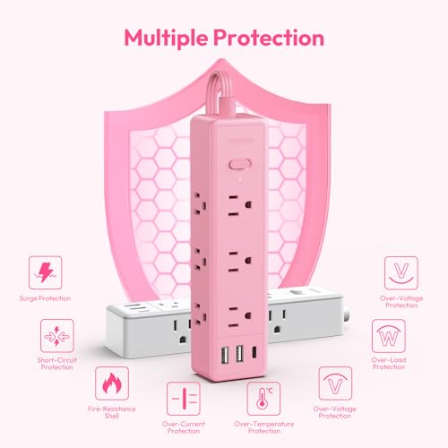 Pink Power Strip, NTONPOWER Surge Protector Power Strip, Cute Pink Extension Cord 5FT, 9 Outlets 3 USB (1 USB C), Mounted, 1080J, Multiple Outlets for Home Office, Kawaii, Desk Accessories, Women by NTONPOWER - Image 7