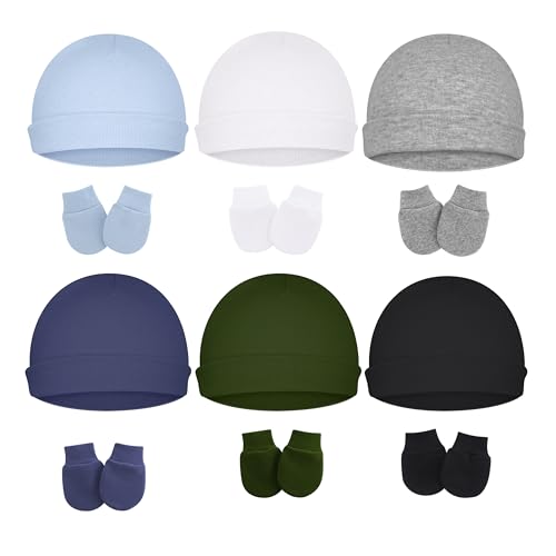 Image of ZURLEFY Cotton Baby Hats and Mittens Set Unisex, Toddler No Scratch Mittens and Beanie Cap Infant Newborn Hospital Hat