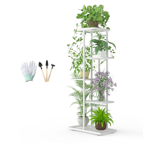 MAIJIAJU Soporte para flores de 5 niveles, color blanco, con herramientas de jardín y guantes, 95 cm de alto, soporte para plantas, metal, interior y exterior, varios pisos, estantería para plantas,