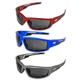 Global Vision Sly Motorcycle ATV Padded Riding Sunglasses 3 Pair Smoke Lenses and Red, Blue & Grey Metallic Frames