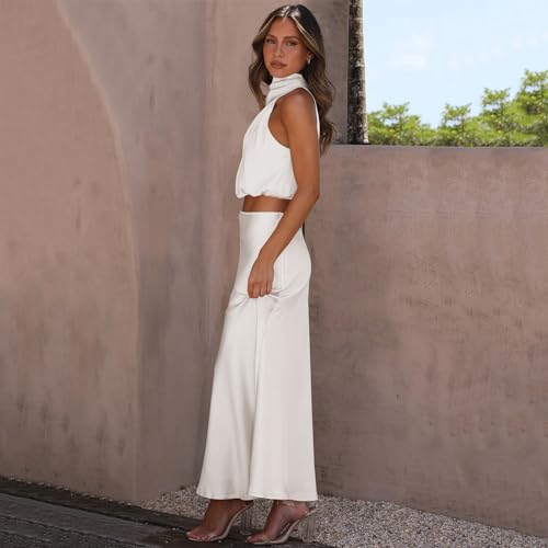 ODIZLI Womens Sets 2 Piece Satin Outfits Summer Sleeveless Mock Neck Crop Tops + Long Skirt Dress Evening Party Sets3