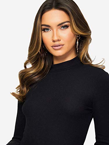 WDIRARA Women's Elegant Long Sleeve Mock Neck Solid Rib-Knit Slim Top Black S
