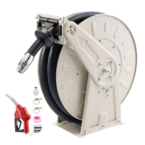 VEVOR Fuel Hose Reel 1 x 33 Extra Long Retractable Diesel Hose Reel Heavy-Duty Carbon Steel Construction with Automatic Fuel Nozzle NBR Rubber Hose for Aircraft Ship Vehicle Tank Truck 300 PSI