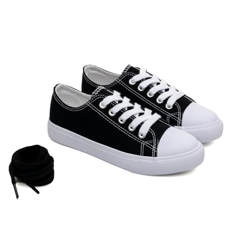 The Fashion Supply Kids Canvas Sneakers for Girls and Boys, Low Top Lace-Up Shoes for Little Kids (Black White, 3)
