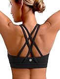 ENERBLOOM Sports Bras for Women Padded Criss Cross Back Yoga Top Medium Support Strappy Workout Tank Removable Cups Low Cut Black Medium