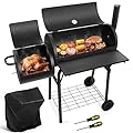 HaSteeL Outdoor Charcoal Grill with Cover, Large Barrel BBQ Grill with Offset Smoker, Great for Camping Patio Backyard Garden Party Picnic Beach, Large 420.SQ.IN Cooking Area, 2 Screwdrivers - Black
