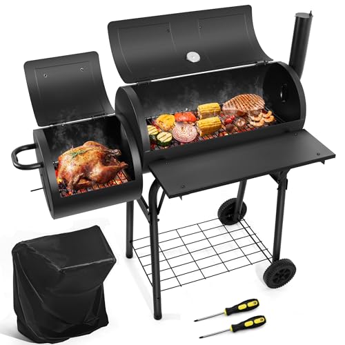 Image of HaSteeL Outdoor Charcoal Grill with Cover, Large Barrel BBQ Grill with Offset Smoker, Great for Camping Patio Backyard Garden Party Picnic Beach, Large 420.SQ.IN Cooking Area, 2 Screwdrivers - Black