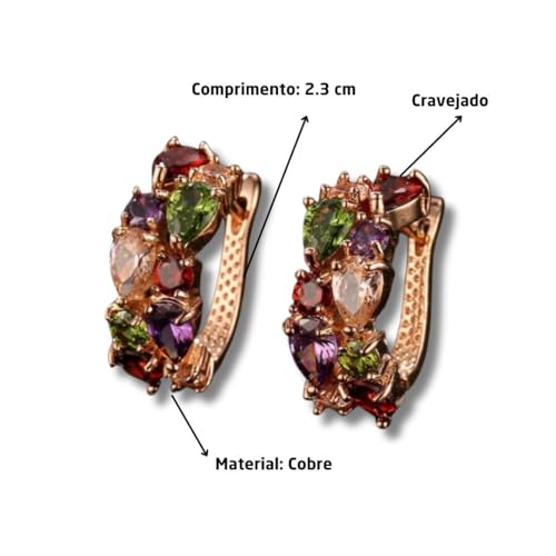 Brinco Feminino de Luxo Cravejado em Cristais de Zircônia Coloridos - Semijoia Refinada 