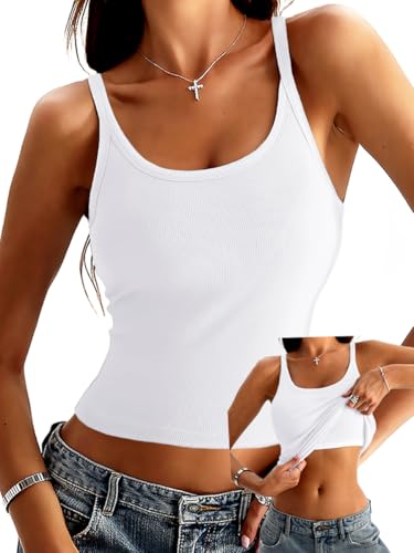 Danysu Women's Tank Tops with Bulit in Bras Scoop Neck Ribbed Fitted Knit Crop Halter Tops Spaghetti Strap Camisole