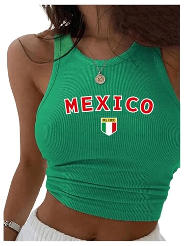 WDIRARA Women's Graphic Print Crop Tank Tops Crew Neck Sleeveless Slim Fit Fashion Top Green Medium