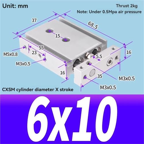Vérin pneumatique CXSM6-10 rigide à double tige et haute finition