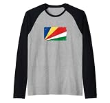 Carte des Seychelles avec rythme cardiaque Drapeau vintage des Seychelles Manche Raglan
