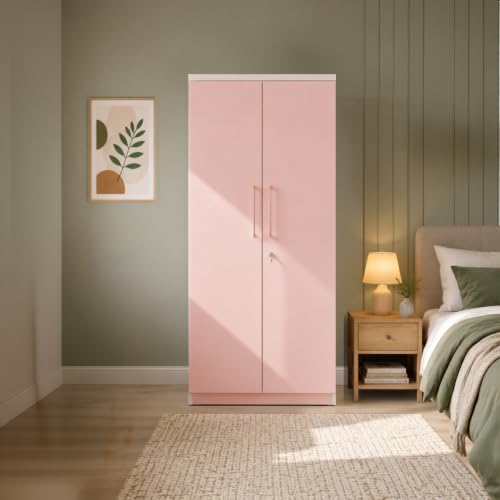Image of 2 Door Wooden Wardrobe for Bedroom, Pink, 75x30x19 Inch