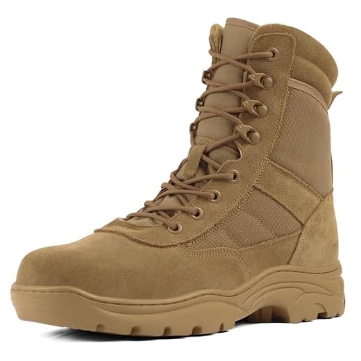 QUNLON Rangers Militaire Homme Bottes Tactique Botte Moto Homme Bottes Militaire Airsoft Bottes de Combat avec Fermeture éclair Antidérapante Chaussure de Randonnée-Marron 46EU