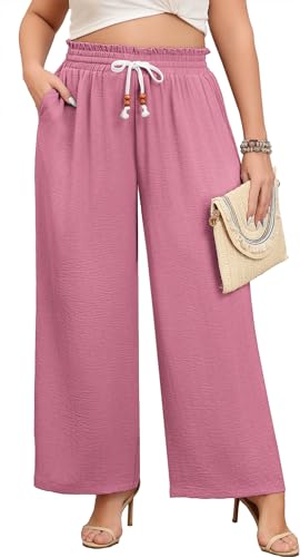 Lastshe Plus Size Pants for Womens Wide Leg High Waisted Fashion Straight Loose Trousers Work Dressy Pants,Peach Red,3X