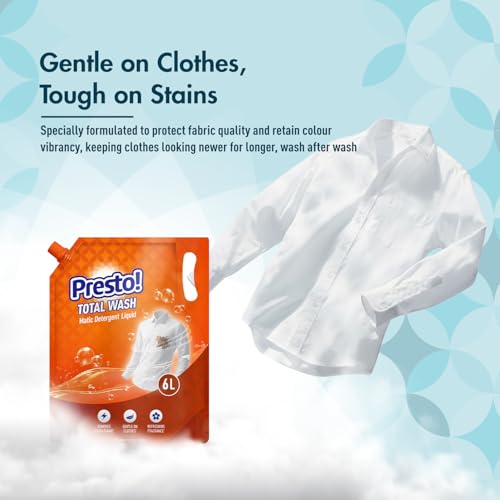 Image of Amazon Brand - Presto! Total Wash Matic Detergent Liquid | 6 Litres| Removes Tough Stains | Gentle On Fabrics | Refreshing Fragrance | Liquid Detergent For Washing Machine & Hand Wash