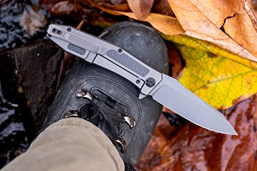 Off-Grid Knives - Scorpion Stratus V2 With M390 Blade Steel, Dlc Gunmetal Gray Coating, Titanium Scales, Carbon Fiber Inlays, Deep Carry Left And Right (Slate Gray V2) #TOP2