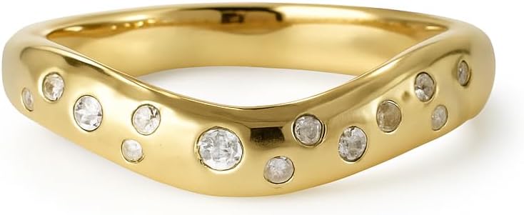 Curved Gold Wedding Band for Women 14K Gold Plated 925 Sterling Silver Scatter CZ Ring Dainty Stacking Ring Matching Engagement Band Christams Gift For Wife