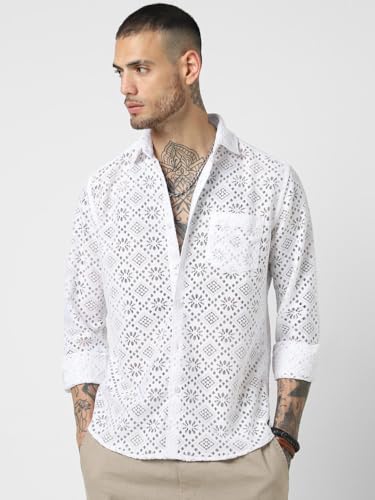 Image of VASTRADO Mens White Crochet Shirt | 100% Polyester, Lightweight & Breathable Fabric | Point Collar, Full Sleeves, Patch Pocket, Button Cuffs, Curved Hem | Casual & Versatile Style
