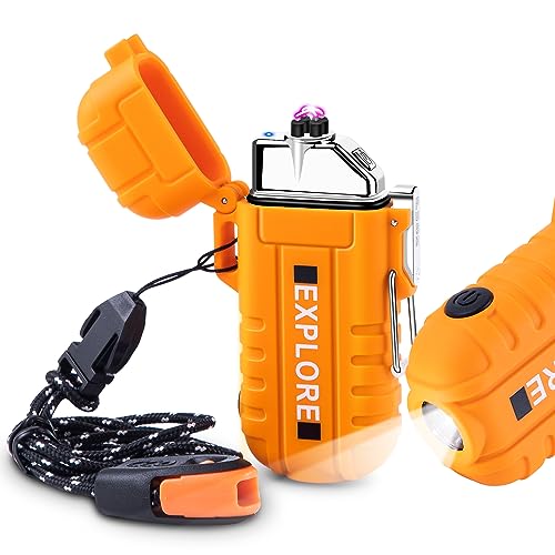 LcFun Feuerzeug Elektrisch Elektro Feuerzeug Winddicht Lichtbogen Feuerzeuge USB Aufladbar, Outdoor Feuerzeuge mit Taschenlampe für Camping, Wandern, Vatertagsgeschenke für Männer Papa (Orange)