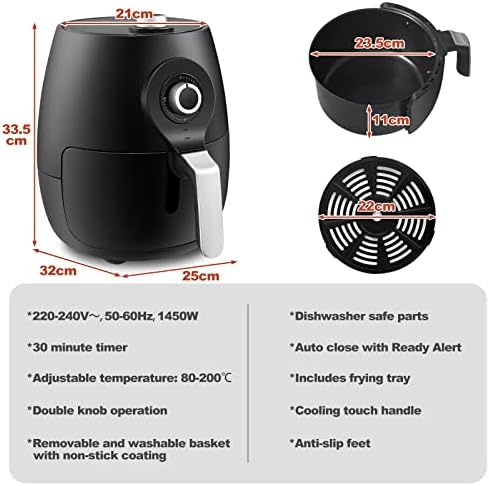 Family Size Air Fryer with Rapid Air Circulation, 5 Litre, 1450W, 30-Minute Timer and Fully Adjustable Temperature Control for Healthy Oil Free & Low Fat Cooking