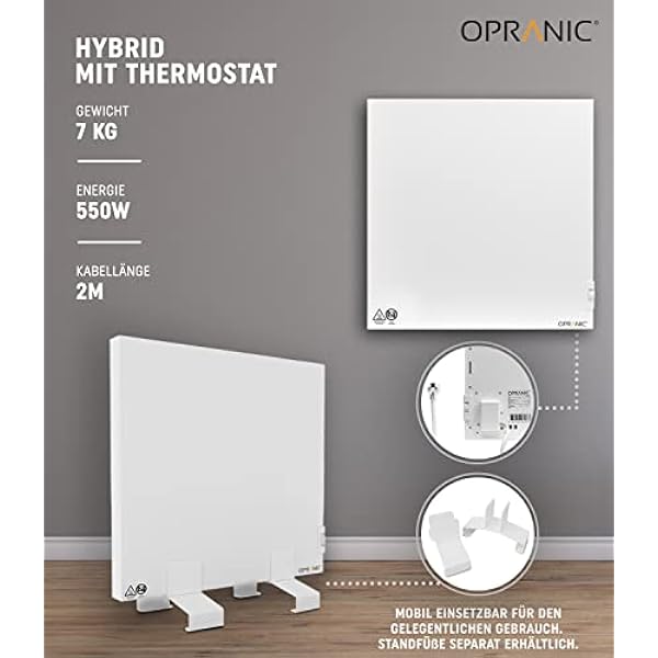 OPRANIC Riscaldamento a infrarossi di alta qualità con termostato, 550 Watt, ibrido a infrarossi e convettore, riscaldamento elettrico a risparmio energetico, riscaldatore a parete, riscaldatore