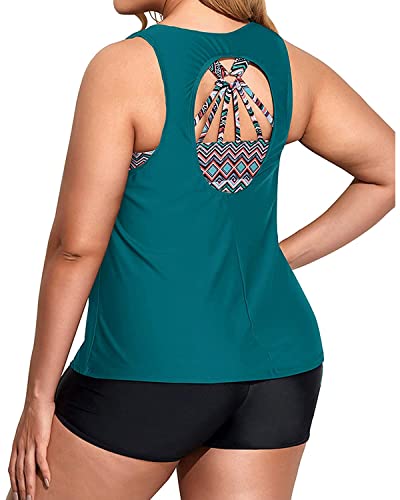 Image of Holipick Women Plus Size Swimsuits - Athletic 3 Piece Tankini with Shorts | Sports bikini top, high waist shorts, tank top, removable pads. Athletic style for water activties
