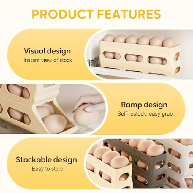 4 Tiers Egg Holder for Fridge, Automatic Rolling Down Egg Holder Egg Tray Stackable Space Egg Rolling Dispenser, 30 Eggs Large Capacity Egg Organizer Storage for Refrigerator, Kitchen (White)