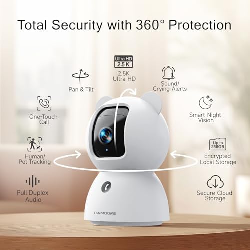 CINMOORE 2.5K Indoor Camera 4pack, Free AI Person/Pet/Cry Detection, 4MP Baby/Dog/Cat/Pet Camera with Phone App, Pan Tilt WiFi Cameras for Home Security, Night Vision, Full Duplex Audio