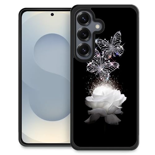 ZHEGAILIAN Compatible with Samsung Galaxy S25 Case,Non-Slip Soft TPU Bumper Shockproof Protective Case Compatible with Samsung Galaxy S25 6.2 inch for Women-White Rose Butterfly