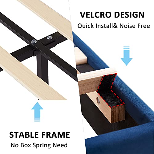 Vecelo Twin Size Bed Frame, Upholstered Platform Bedframe, Adjustable Headboard, Wood Slat Support, No Box Spring Needed, Easy Assembly, Blue #TOP6