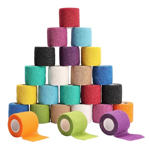 Frontline 24 Pack Self Adhesive Bandage Wrap 2 x 5 Yards Athletic Tape Vet Wrap Tattoo Supplies Wrap Medical Supplies Elastic Cohesive Bandage Wrist Ankle Sports Tape (Multi-Color)