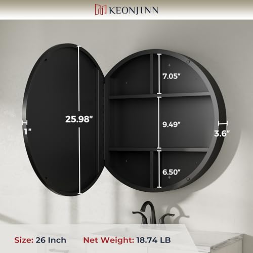 Image of Keonjinn 26 in Round Black Black Medicine Cabinet with Mirror, Surface Mount Metal Frame Mirror Medicine Cabinet, Farmhouse Bathroom Cabinet with Circle Wall Mounted Vanity Mirror Detachable Shelves