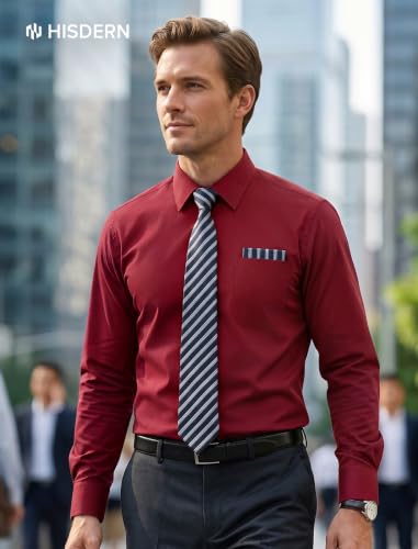 Image of HISDERN Mens Dress Shirt with Tie Pocket Square Set Classic Button Down Shirt Matching Tie Long Sleeve Shirts