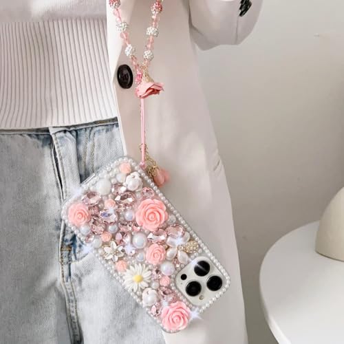 Changjia for iPhone 17 Pro Max Glitter Bling Case,Cute Luxury 3D Sparkle Crystal Rhinestones Flowers Diamond Pearl Gems with Lanyard Wrist Strap Women Girls Phone Case for iPhone 17 Pro Max 6.9", Pink by Changjia - Used condition - Image 2