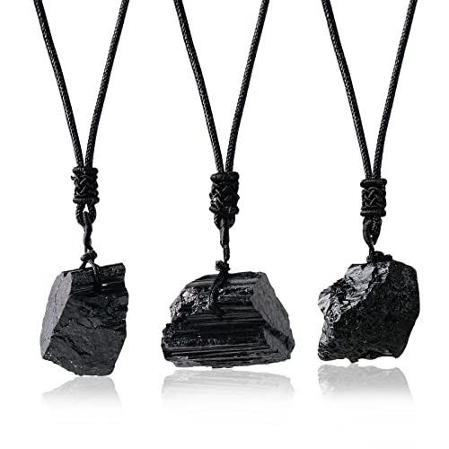 Apengshi 3PCS Natural Crystal Black Tourmaline Pendant Crystal Healing Raw Stone Crystal Pendant Necklace Irregular Pendant Purifying Energy Reiki Meditation Security Protection
