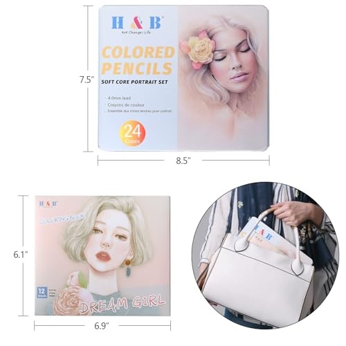 H & B Conjunto de lápis de cor com 24 peças, tons de pele, lápis de cor de paisagem profissional, co