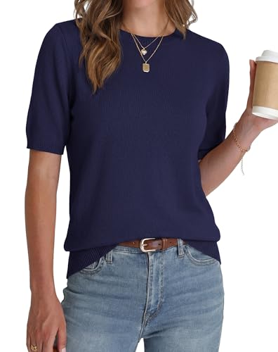 BTFBM Women's Short Sleeve Sweaters 2026 Summer Crew Neck Knit Work Shirts Business Casual Tops Basic Fall Fashion Clothing(Navy Blue, Small) — view 4