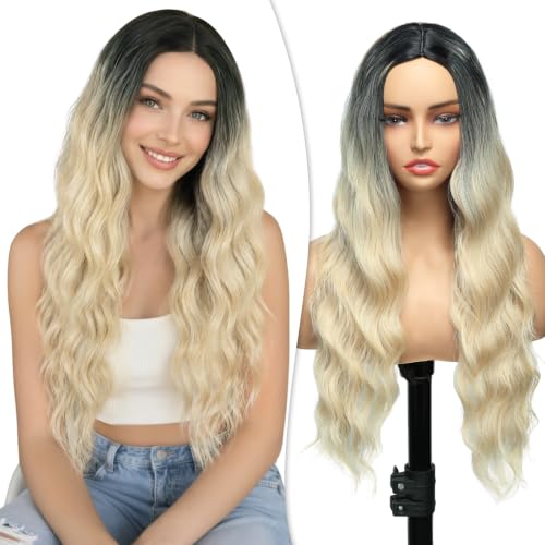 24" Ombre Blonde Curly Wig Synthetic Wear and Go Long Blonde Wigs for Women