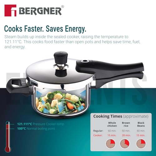 Image of Bergner Argent Elements Triply Stainless Steel 1.5 L Outer Lid Pressure Cooker, Healthy Cooking, Even Heat Distribution, Sturdy Handle, Easy Lock System, Safety Gasket - Induction and Gas Stove Ready