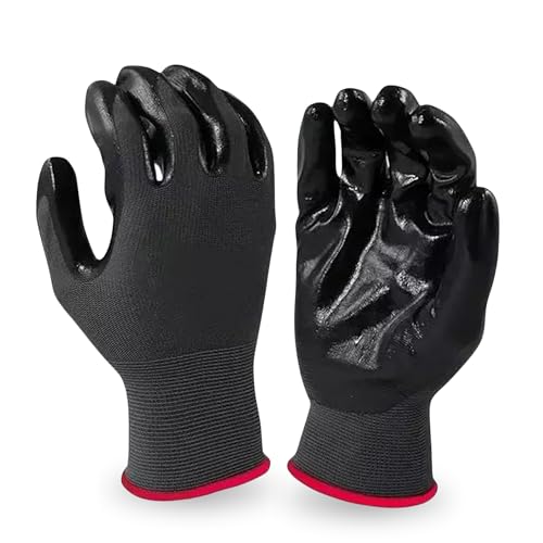 Image of Multipurpose Nylon Nitrile Coating Industrial Work Safety Hand Gloves, Fingers Protection, Useful in Gardening, Mechanical, Construction - Durable & Comfortable (BLACK NYLON 5 PAIR)