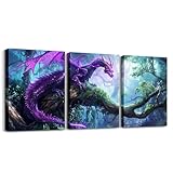 Manfei Dragon Canvas Wall Art Set Of 3 Pieces, Purple Dragon Green Trees Wall Decor Prints Home Artwork for Living Room Bedroom Decorative, Fairy Tale Animal Theme Wall Hanging, Kids Boys Room Decor