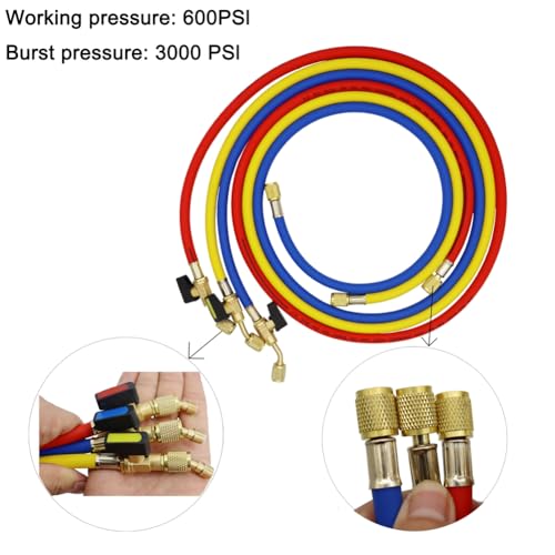 Elqubkan Mangueras de Carga de Refrigerante A/C de 1,6 M con Válvulas de Bola HVAC 1/4 Pulgada SAE Aptas para la Adición de Refrigerante R134A R12 y Aire Acondicionado - imagen 7