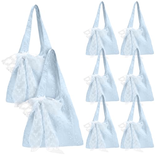 Bulyoou 6 Pcs Lace Bow Tote Bags for Bridesmaid Gift,6 Blue