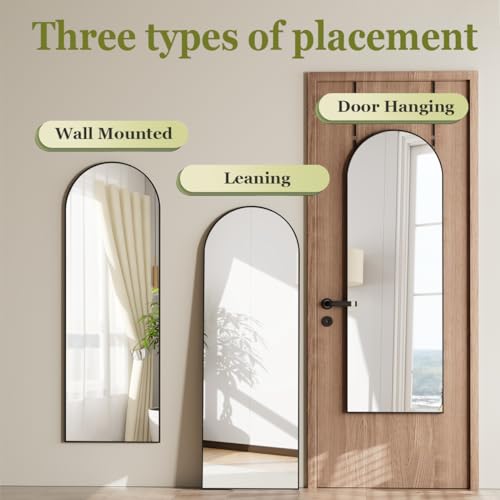 Image of BEAUTYPEAK Arched Full Length Over The Door Mirror 14 inch x 48 inch, Shatterproof Tempered Glass and Aluminum Alloy Frame, No-Drilling Hanging or Wall Mount, Full Body Mirror for Bedroom, Dorm, Black